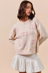 Blush Pink Embroidered Ribbon Round Neck Sweater - Stylish & Elegant, Sweaters, $ 55.00, A Moment Of Now™