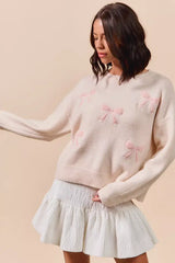 Blush Pink Embroidered Ribbon Round Neck Sweater - Stylish & Elegant, Sweaters, $ 55.00, A Moment Of Now™