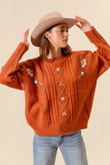 Brick Brown Embroidered Flower Cable Knitted Sweater - Cozy Elegance, Sweaters, $ 52.00, A Moment Of Now™
