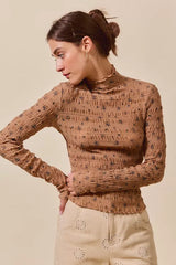 Brown Floral Print Textured Long Sleeve Knit Top - Cozy Fashion, Tops, $ 45.00, A Moment Of Now™