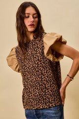 Brown Leopard Pointelle Knit Top with Puff Sleeves - Trendy Style, Tops, $ 49.00, A Moment Of Now™