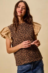 Brown Leopard Pointelle Knit Top with Puff Sleeves - Trendy Style, Tops, $ 49.00, A Moment Of Now™
