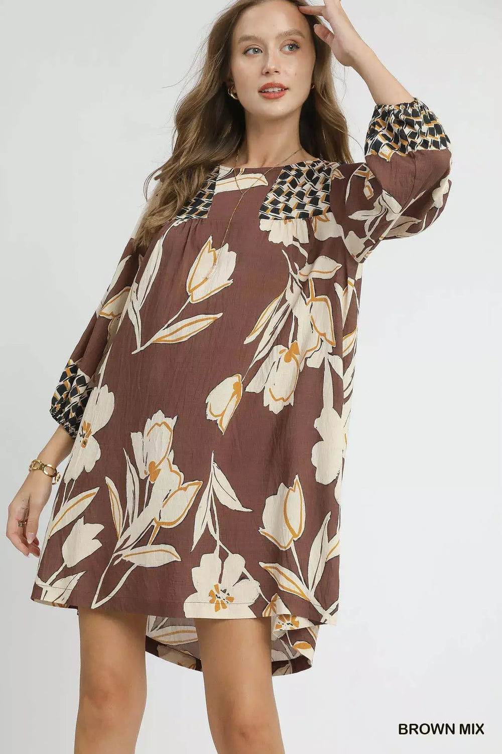 Brown Mix Floral High-Low Babydoll Dress - Effortless Style, Dresses, $ 55.00, A Moment Of Now™