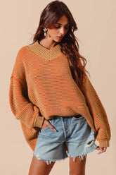 Camel Orange Oversized Two Tone Textured Sweater - Chic Style, Sweaters, $ 58.00, A Moment Of Now™