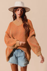 Camel Orange Oversized Two Tone Textured Sweater - Chic Style, Sweaters, $ 58.00, A Moment Of Now™
