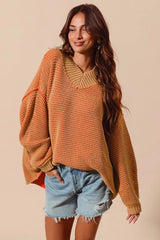 Camel Orange Oversized Two Tone Textured Sweater - Chic Style, Sweaters, $ 58.00, A Moment Of Now™