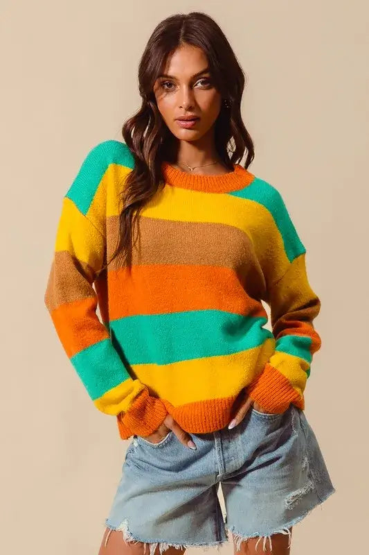Colorful Stripe Sweater with Ribbed Detail - Vibrant Style, Sweaters, $ 50.00, A Moment Of Now™