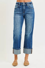 Dark Blue High Rise Straight Jeans with Distressed Hem - Trendy, Jeans, $ 69.00, A Moment Of Now™