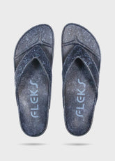 Pair of blue flip-flops with 'FLEKS' branding on a light gray background