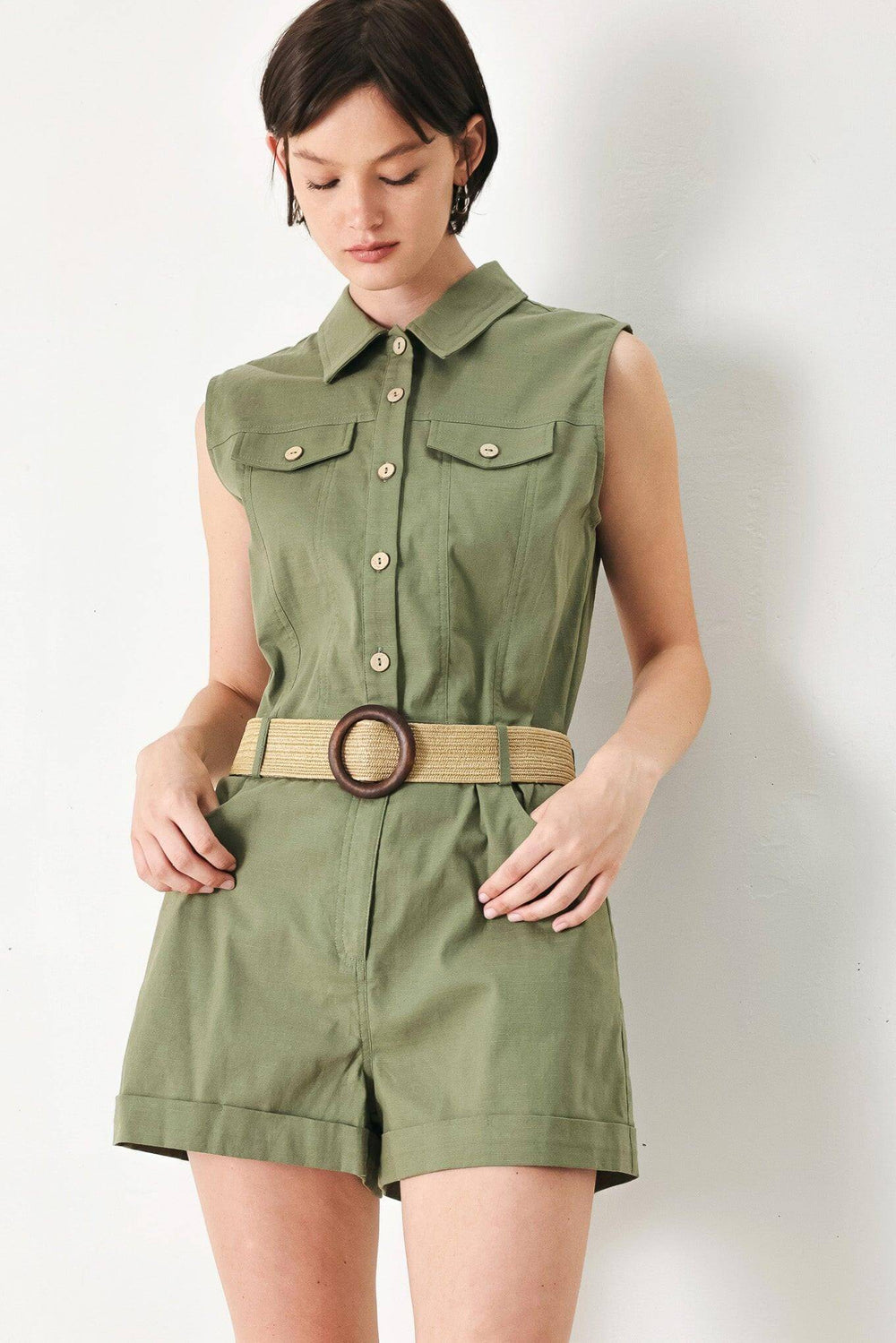 Light Olive Cutie Explorer Woven Romper | Boutique In USA, Rompers, $ 70.00, A Moment Of Now™