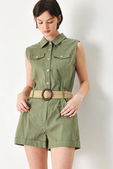 Light Olive Cutie Explorer Woven Romper | Boutique In USA, Rompers, $ 70.00, A Moment Of Now™