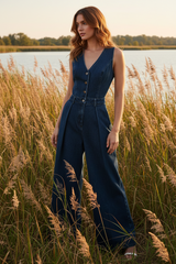 Woman in a blue jumpsuit standing in tall grass by a body of water.