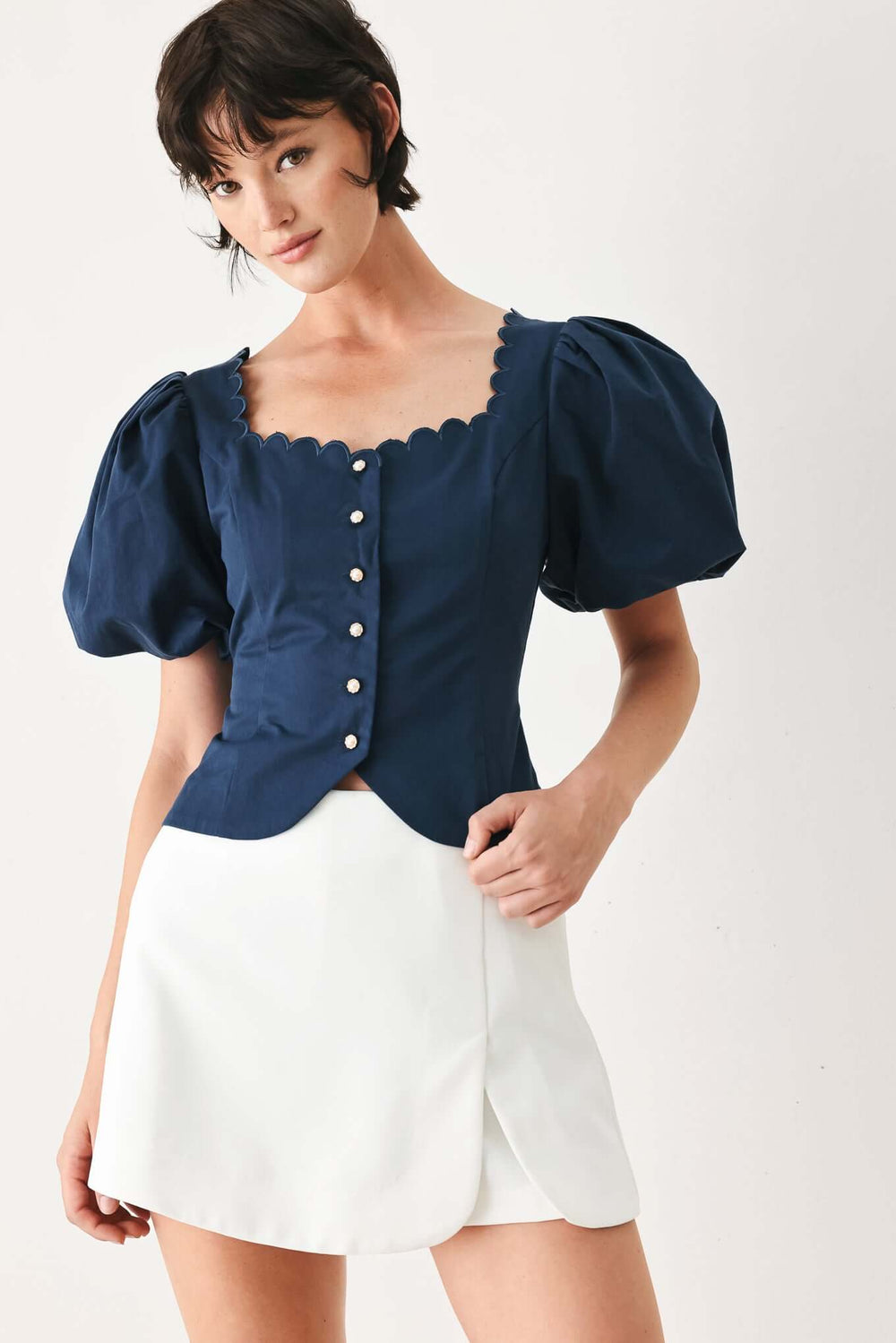 Never Ordinary Woven Top In White Navy | Boutique In USA, TOPS, $ 60.00, A Moment Of Now™