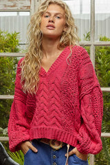 Fuchsia Cable-Knit Solid V-Neck Cropped Sweater - Chic Style, Sweaters, $ 55.00, A Moment Of Now™
