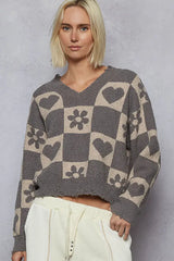 Grey Beige V-Neck Heart Pattern Checkered Sweater for Fall, Sweaters, $ 53.00, A Moment Of Now™