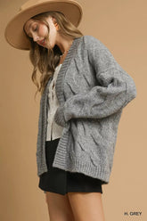 Grey Chunky Cable Knit Open Front Cardigan for Effortless Style, , $ 65.00, A Moment Of Now™