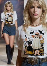 Halloween Western Ghost & Black Cats Graphic T-shirt Tee