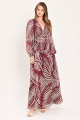 Merlot Leaves In Motion Woven Maxi Dress