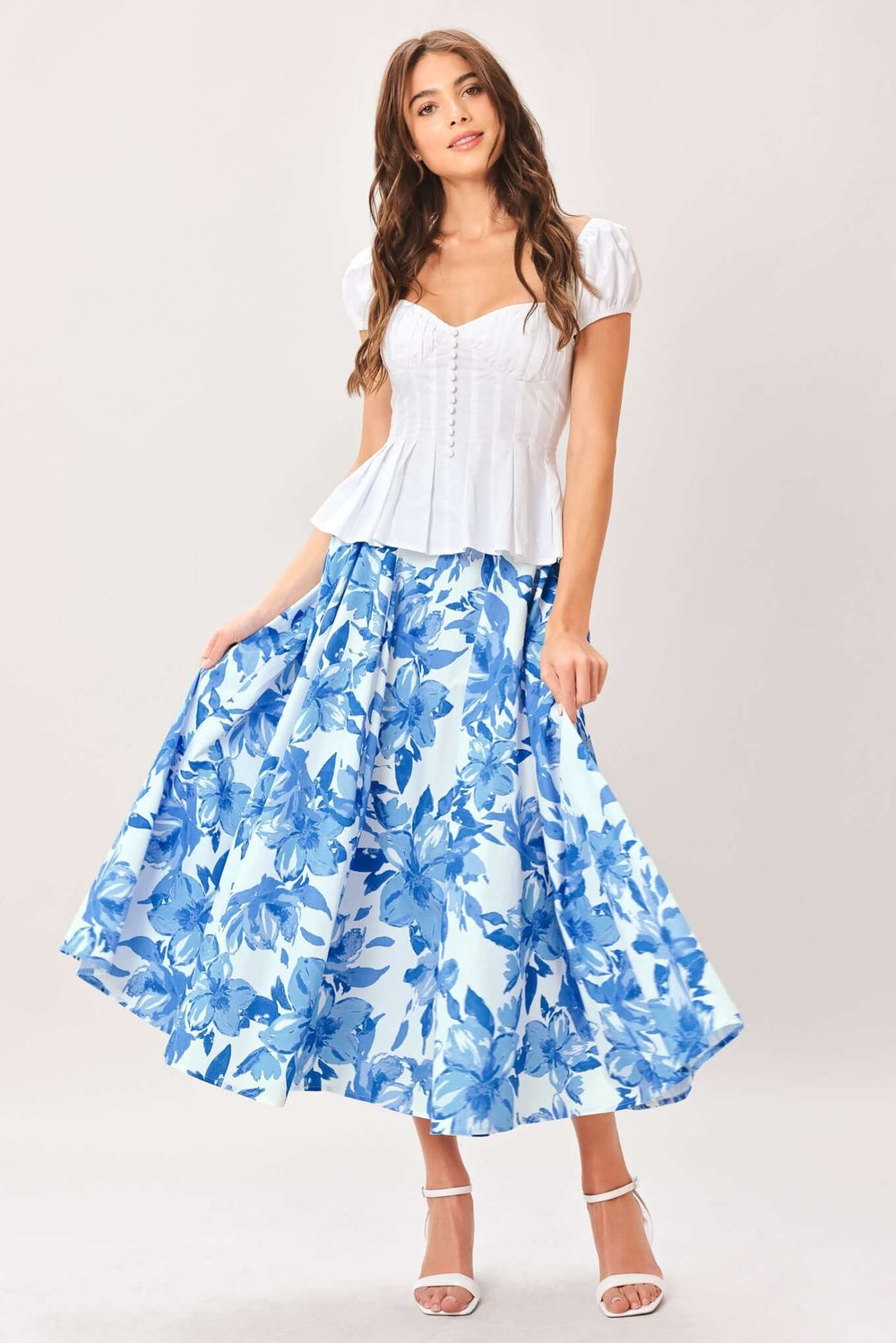 Blue White Sky Blossom Woven Full Circle Skirt | Boutique In USA, SKIRTS, $ 74.00, A Moment Of Now™