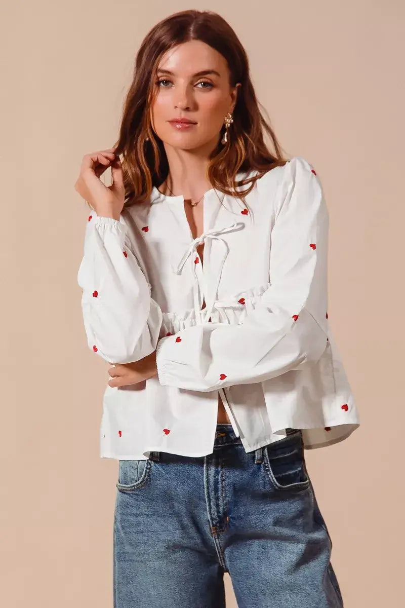 Ivory Front Tie Heart Embroidered Blouse With Puff Sleeve, Blouses, $ 59.00, A Moment Of Now™