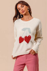Ivory Heart Cherry Knitted Valentine Sweater Top, Sweaters, $ 49.00, A Moment Of Now™