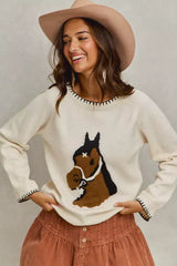 Ivory Horse Knit Sweater Top with Blanket Stitch, Sweaters, $ 55.00, A Moment Of Now™