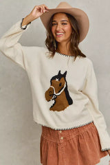 Ivory Horse Knit Sweater Top with Blanket Stitch, Sweaters, $ 55.00, A Moment Of Now™