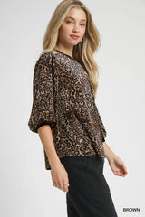 Chic Leopard Round Neck Three-Quarter Sleeve Blouse, Blouses, $ 48.00, A Moment Of Now™