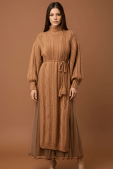 Light Brown Knit Tulle Two Piece Skirt Set