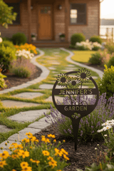 A decorative black metal garden stake sign reading 'JENNIFER'S GARDEN' with sunflower cutouts, placed in a landscaped garden bed in front of a wooden cabin.
