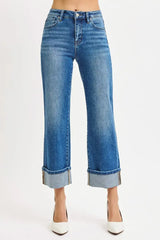 Medium Blue Mid Rise Crop Straight Cuffed Jeans Plus Size, Jeans, $ 75.00, A Moment Of Now™