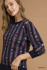 Midnight Blue Jacquard Knit Puff Sleeve Sweater | Chic Style, Sweaters, $ 60.00, A Moment Of Now™