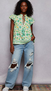 Mint Green Tassel Tied Floral Flutter Sleeve Blouse