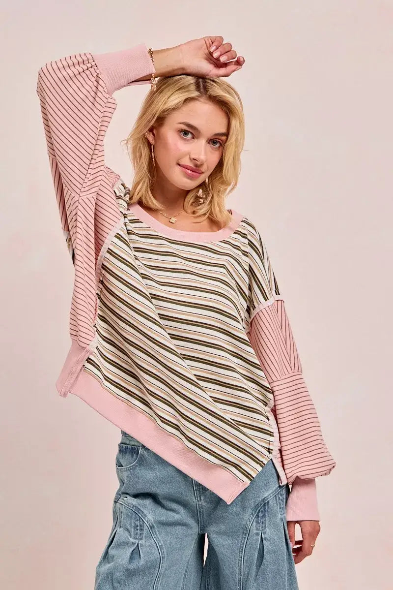 Oat milk Pink Stripe Mixed Top: Edgy Style Redefined, Tops, $ 65.00, A Moment Of Now™