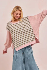 Oat milk Pink Stripe Mixed Top: Edgy Style Redefined, Tops, $ 65.00, A Moment Of Now™