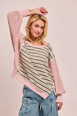 Oat milk Pink Stripe Mixed Top: Edgy Style Redefined, Tops, $ 65.00, A Moment Of Now™