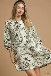 Olive Green Boho Printed Balloon Sleeve Mini Dress, Dresses, $ 62.00, A Moment Of Now™