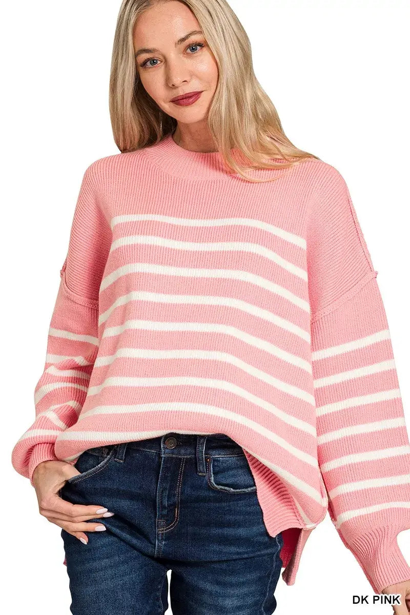 Pink Exposed Seam Striped Oversized Sweater - Chic Comfort, Sweaters, $ 49.00, A Moment Of Now™