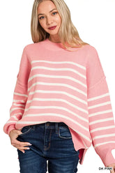 Pink Exposed Seam Striped Oversized Sweater - Chic Comfort, Sweaters, $ 49.00, A Moment Of Now™