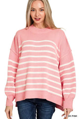 Pink Exposed Seam Striped Oversized Sweater - Chic Comfort, Sweaters, $ 49.00, A Moment Of Now™