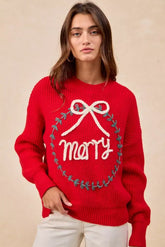 Red Christmas Wreath Merry Letter Knit Top - Festive Style, Sweaters, $ 55.00, A Moment Of Now™