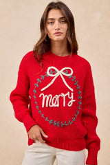 Red Christmas Wreath Merry Letter Knit Top - Festive Style, Sweaters, $ 55.00, A Moment Of Now™