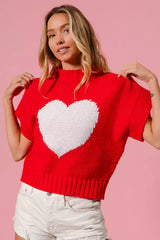 Red Rib Banded Heart Pattern Valentines Sweater - Cozy Charm, Sweaters, $ 49.00, A Moment Of Now™