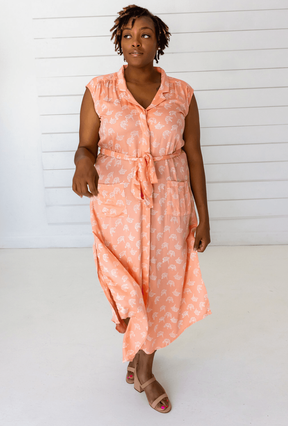 Ginkgo Leaf Shirtdress in Peach + Cream | Boutique In USA, Dresses, $ 140.00, A Moment Of Now™