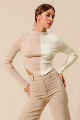 Taupe Ivory Color Block Fitted Crop Sweater Top - Chic Style, Sweaters, $ 49.00, A Moment Of Now™