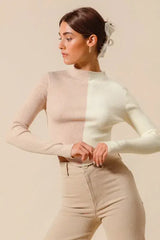 Taupe Ivory Color Block Fitted Crop Sweater Top - Chic Style, Sweaters, $ 49.00, A Moment Of Now™
