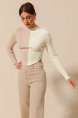 Taupe Ivory Color Block Fitted Crop Sweater Top - Chic Style, Sweaters, $ 49.00, A Moment Of Now™