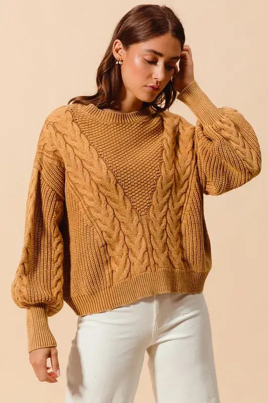 Vintage Camel Loose Fit Textured Cable Sweater - Timeless Style, Sweaters, $ 65.00, A Moment Of Now™