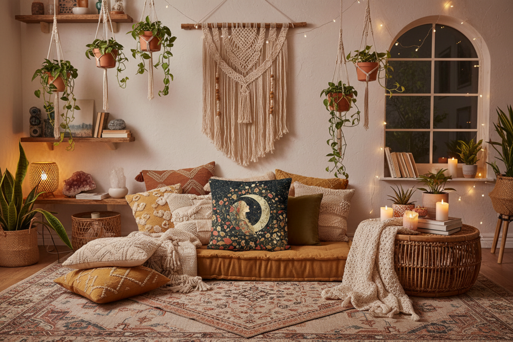 William Morris–Inspired Floral Moon Girl Decorative Throw Pillow, Arts & Crafts Accent Cushion | Boutique In USA, Throw Pillows, $ 55.00, A Moment Of Now™