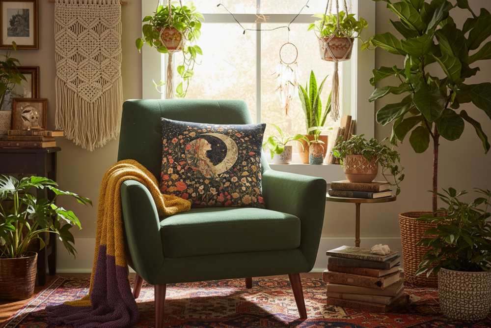 William Morris–Inspired Floral Moon Girl Decorative Throw Pillow, Arts & Crafts Accent Cushion | Boutique In USA, Throw Pillows, $ 55.00, A Moment Of Now™